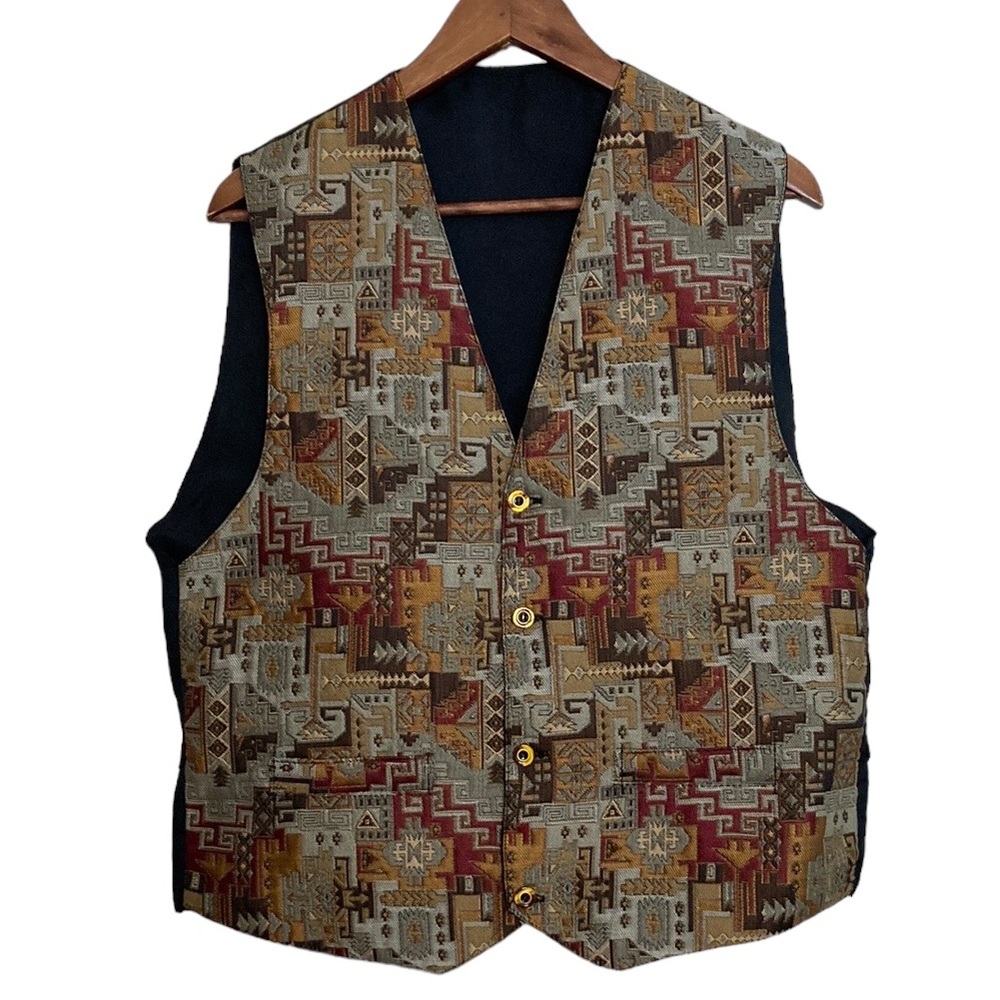Vintage Tapestry Vest Womens Medium Red Gold Ikat Mosaic Print 90s Waistcoat